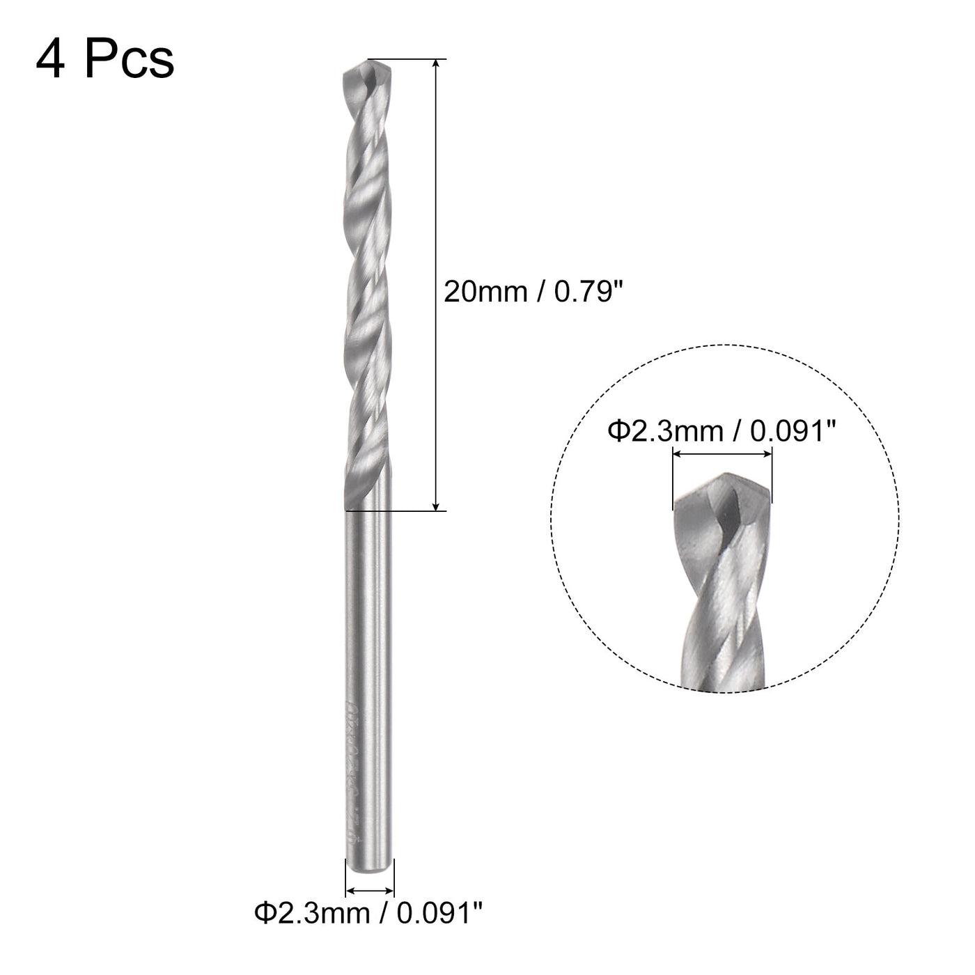 uxcell Uxcell 2.3mm C2/K20 Tungsten Carbide Straight Shank Spiral Flutes Twist Drill Bit 4pcs
