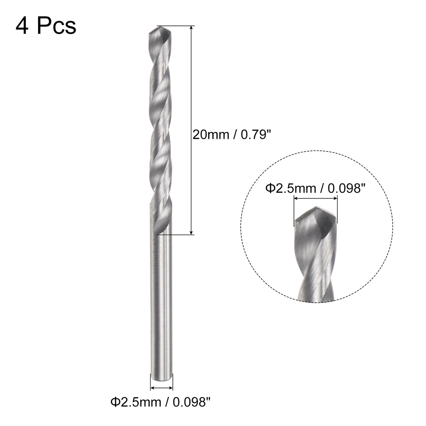 uxcell Uxcell 2.5mm C2/K20 Tungsten Carbide Straight Shank Spiral Flutes Twist Drill Bit 4pcs