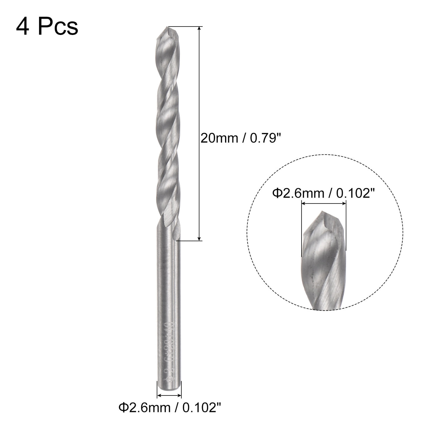 uxcell Uxcell 2.6mm C2/K20 Tungsten Carbide Straight Shank Spiral Flutes Twist Drill Bit 4pcs
