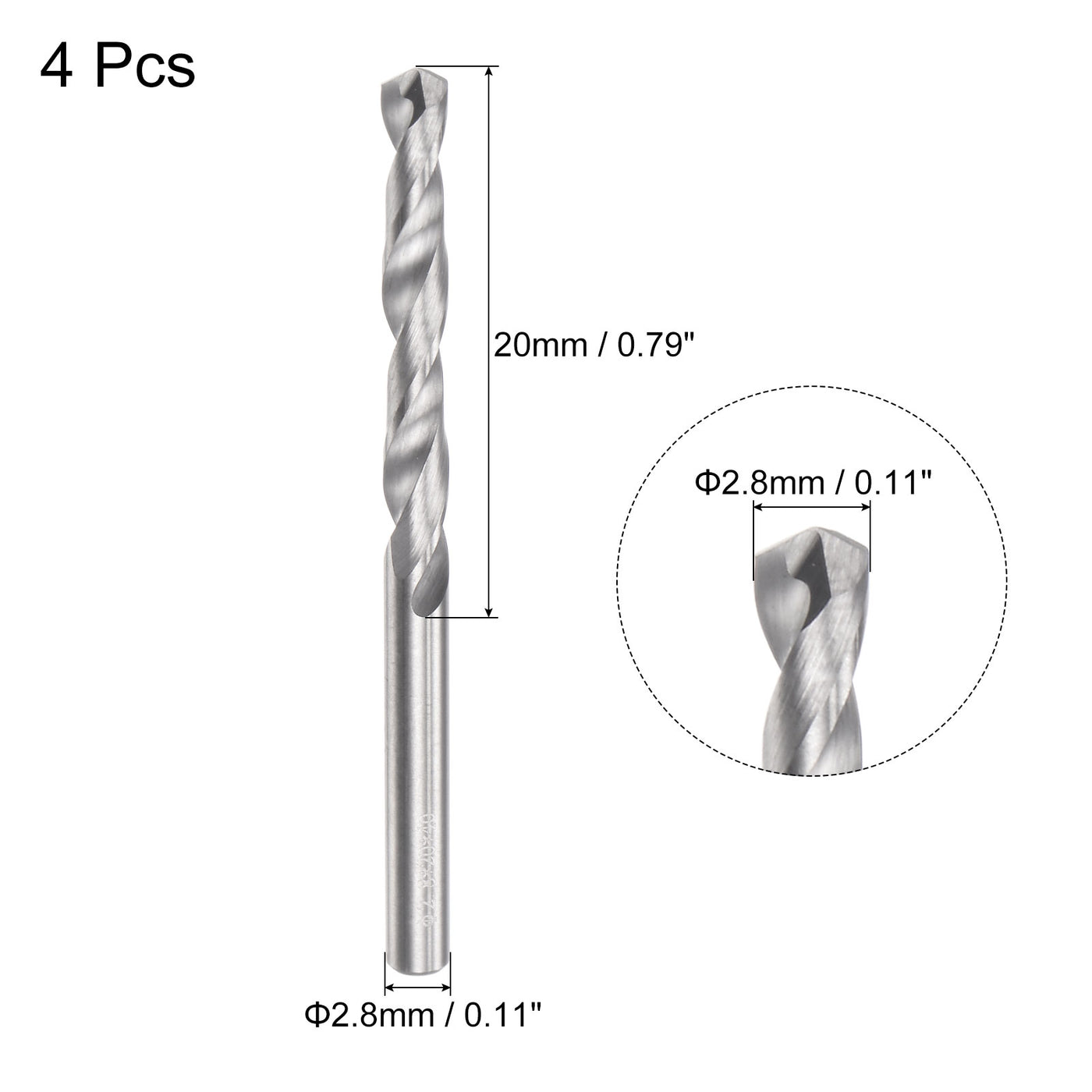 uxcell Uxcell 2.8mm C2/K20 Tungsten Carbide Straight Shank Spiral Flutes Twist Drill Bit 4pcs