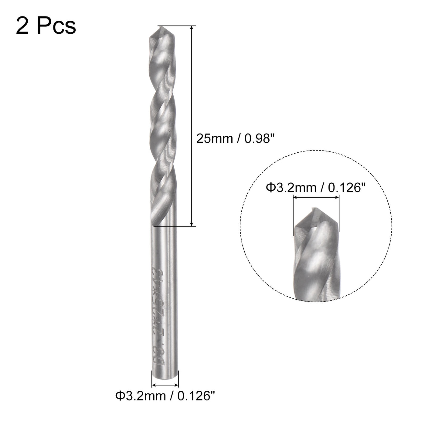 uxcell Uxcell 3.2mm C2/K20 Tungsten Carbide Straight Shank Spiral Flutes Twist Drill Bit 2pcs