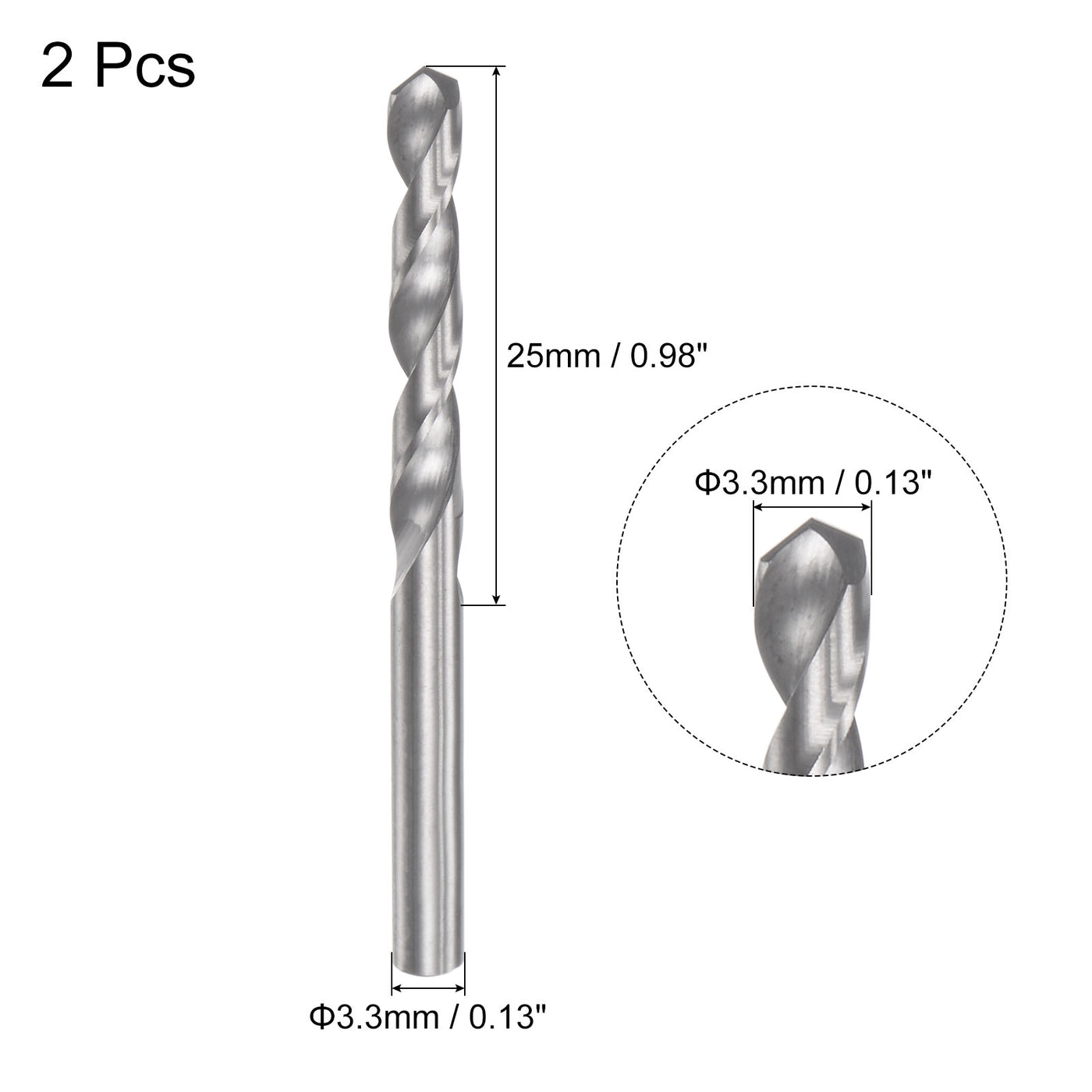 uxcell Uxcell 3.3mm C2/K20 Tungsten Carbide Straight Shank Spiral Flutes Twist Drill Bit 2pcs