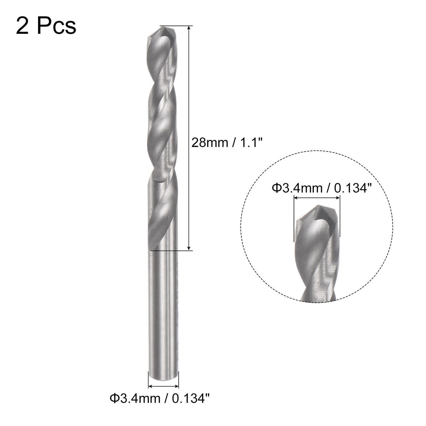 uxcell Uxcell 3.4mm C2/K20 Tungsten Carbide Straight Shank Spiral Flutes Twist Drill Bit 2pcs