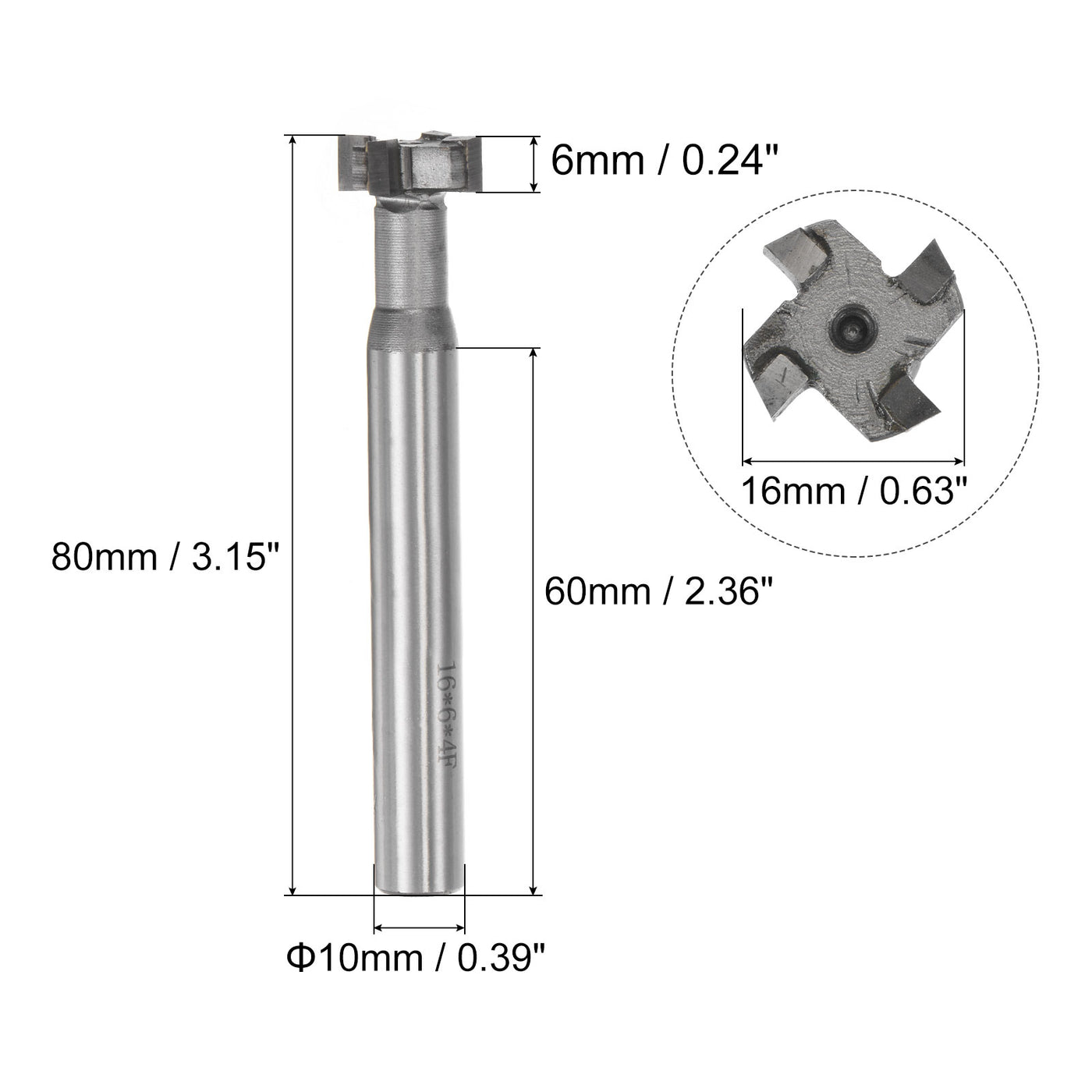 uxcell Uxcell 6mm Depth 16mm Cutting Dia 10mm Shank Carbide Tip 4 Flute T-Slot Milling Cutter