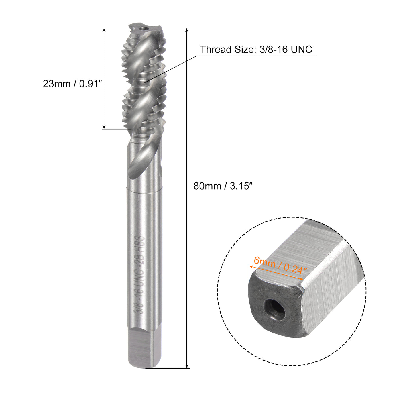 uxcell Uxcell 3/8-16 UNC 2B High Speed Steel Uncoated Machine Spiral Flutes Threading Tap