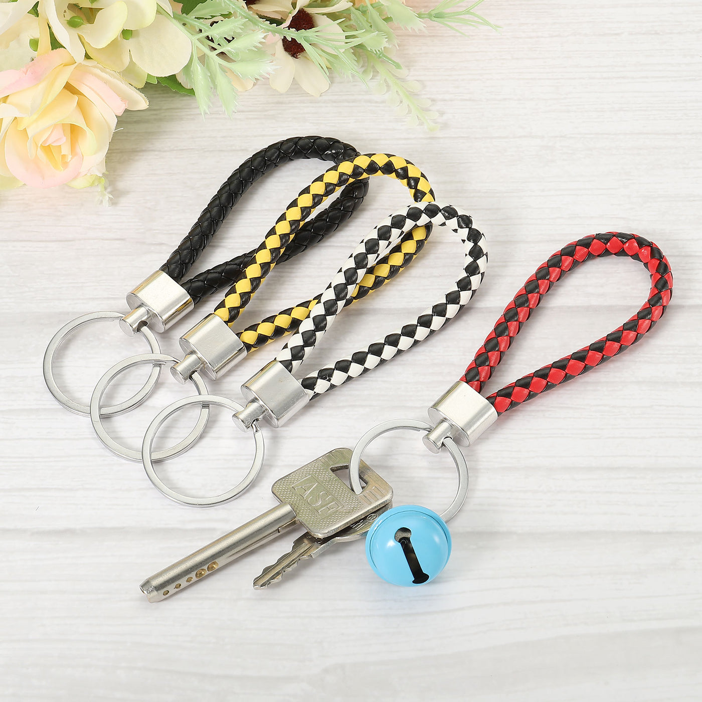 Harfington Braided Leather Keychain, 4 Pack PU Key Ring Woven Decoration Lanyard Strap for Bag Wallet, Multicolored