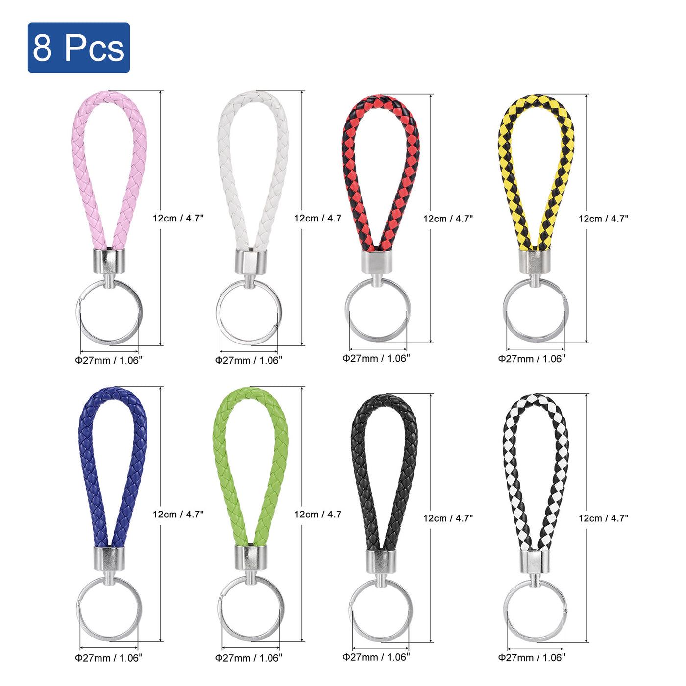 Harfington Braided Leather Keychain, 8 Pack PU Key Ring Woven Decoration Lanyard Strap for Bag Wallet, 8 Colors