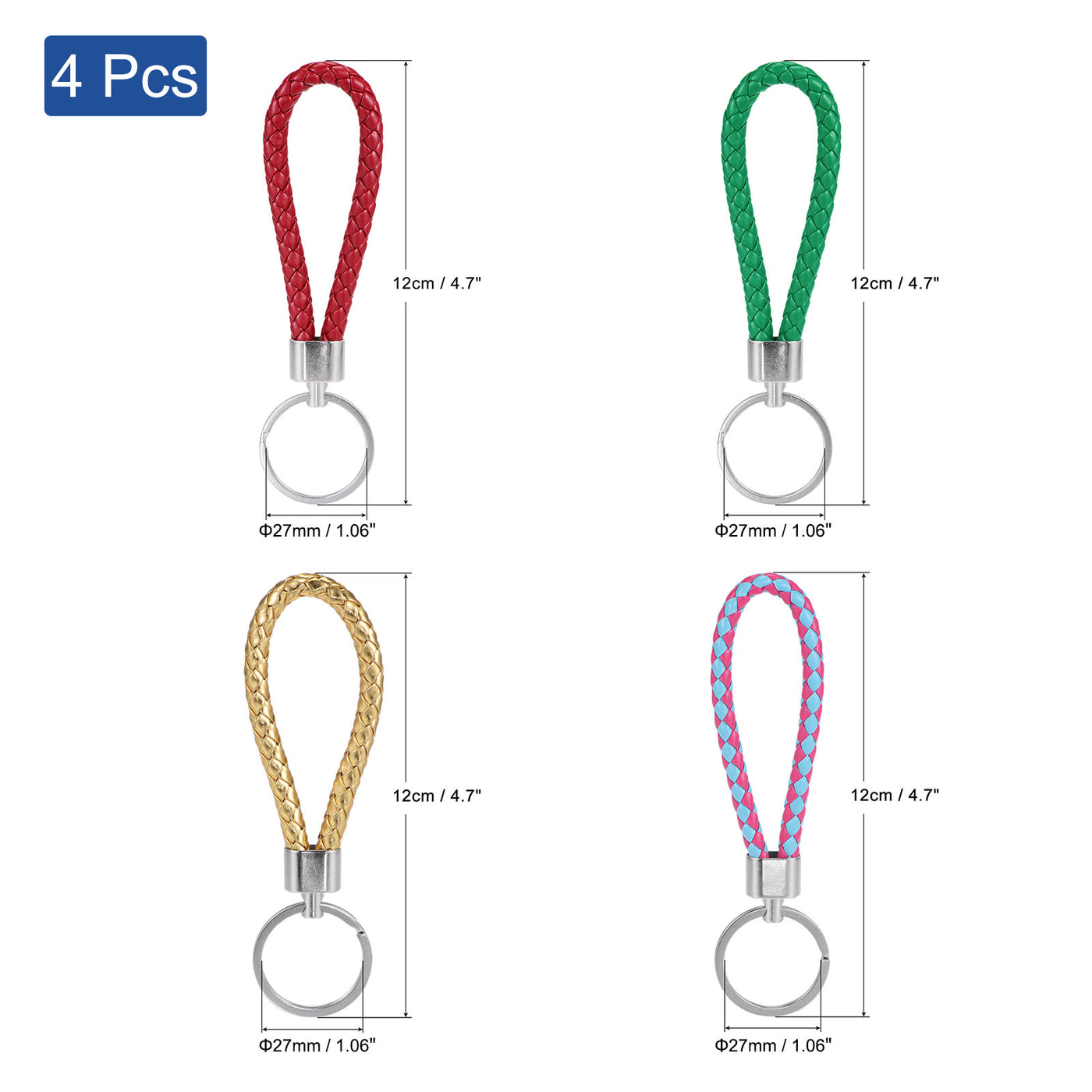 Harfington 27mm Braided Leather Keychain, 4 Pack PU Key Ring Woven Decoration Lanyard Strap for Bag Wallet, 4 Colors