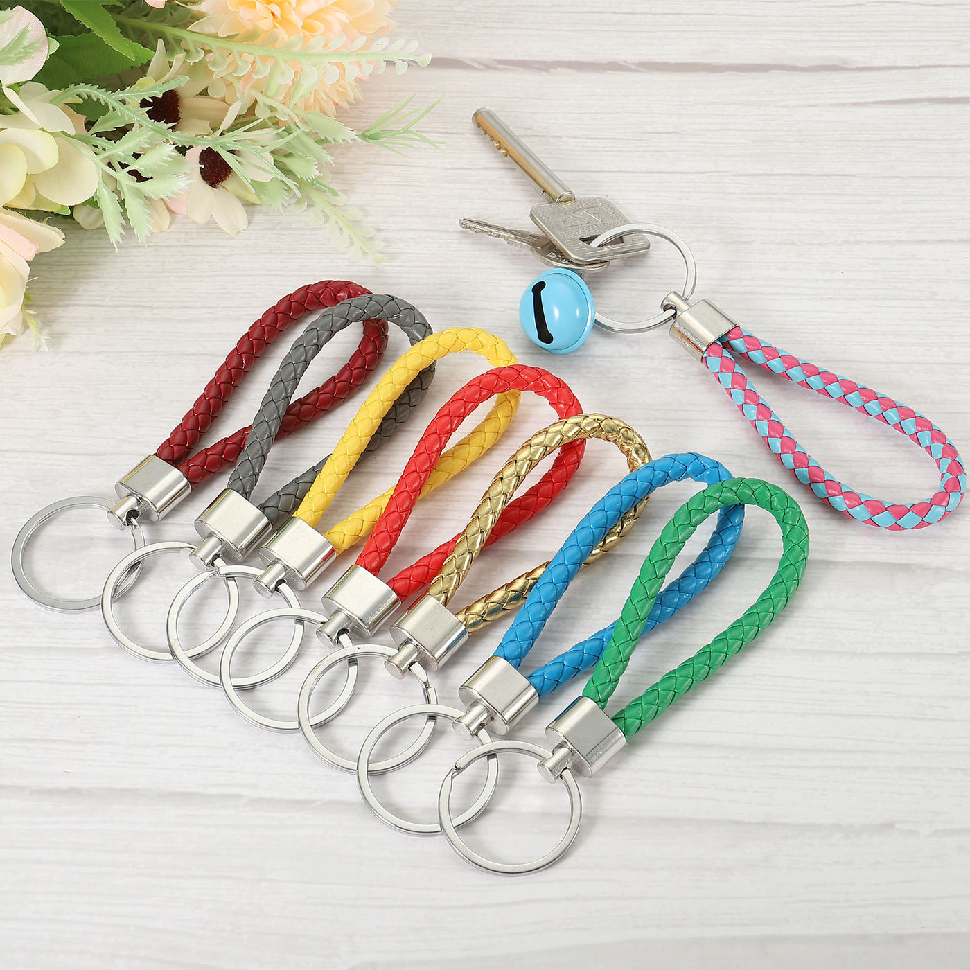 Harfington Braided Leather Keychain, 8 Colors PU Key Ring Woven Decoration Lanyard Strap for Bag Wallet