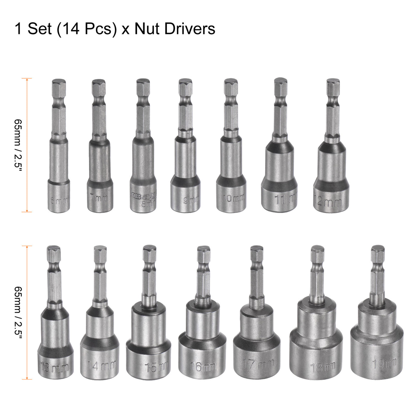 uxcell Uxcell 1/4" Quick-Change Hex Shank 6-19mm Magnetic Nut Driver Bit Set of 14 Piece, CR-V