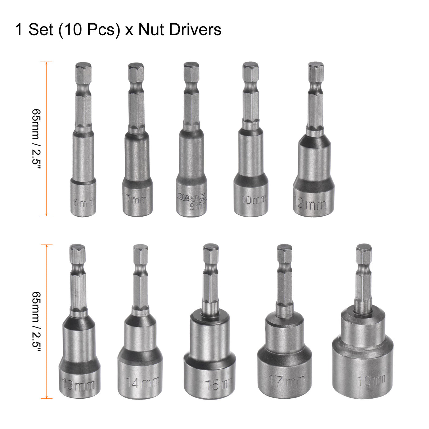 uxcell Uxcell 1/4" Quick-Change Hex Shank 6-19mm Magnetic Nut Driver Bit Set of 10 Piece, CR-V