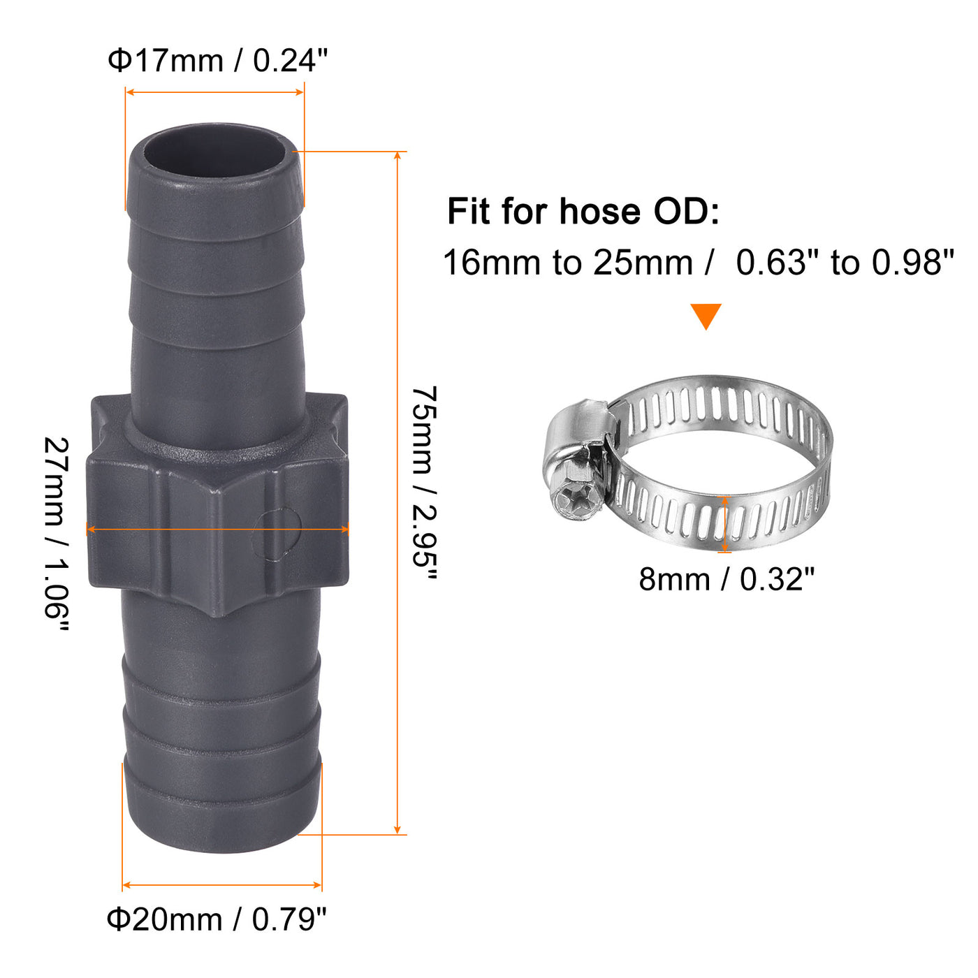Harfington Barb Hose Fitting 20mm to 17mm Straight Coupler Quick Connector Adapter with 16-25mm Adjustable Clamps for Water Fuel Air Oil Gas, 1 Set