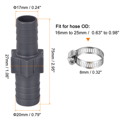 Harfington Barb Hose Fitting 20mm to 17mm Straight Coupler Quick Connector Adapter with 16-25mm Adjustable Clamps for Water Fuel Air Oil Gas, 1 Set