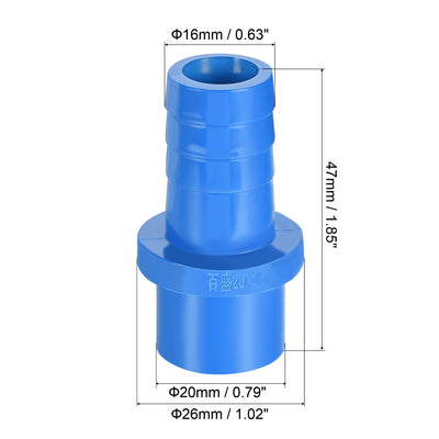 Harfington 3Pcs PVC Pipe Fitting 16mm Barbed x 20mm OD Spigot Straight Hose Connector Blue