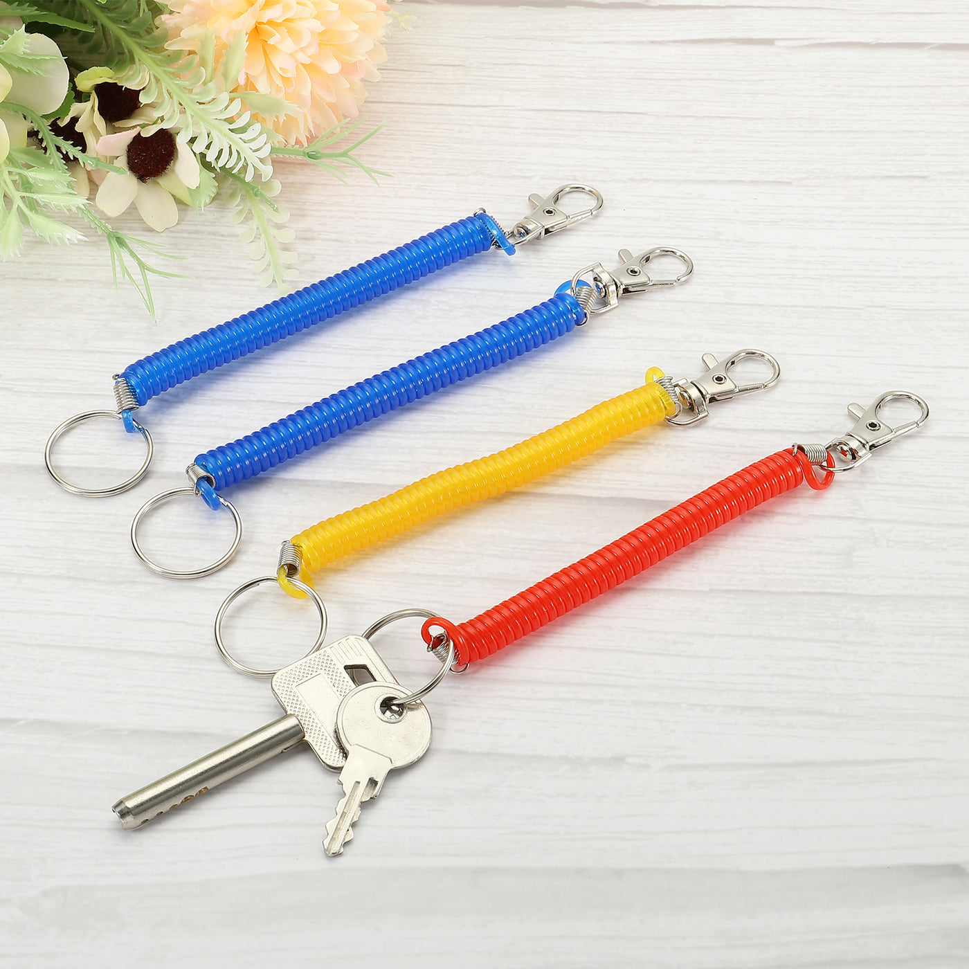 Harfington 6.7" Spiral Retractable Spring Coil Keychain, 4 Pack Stretch Cord Key Ring for Keys Wallet Cellphone, Red Yellow Blue