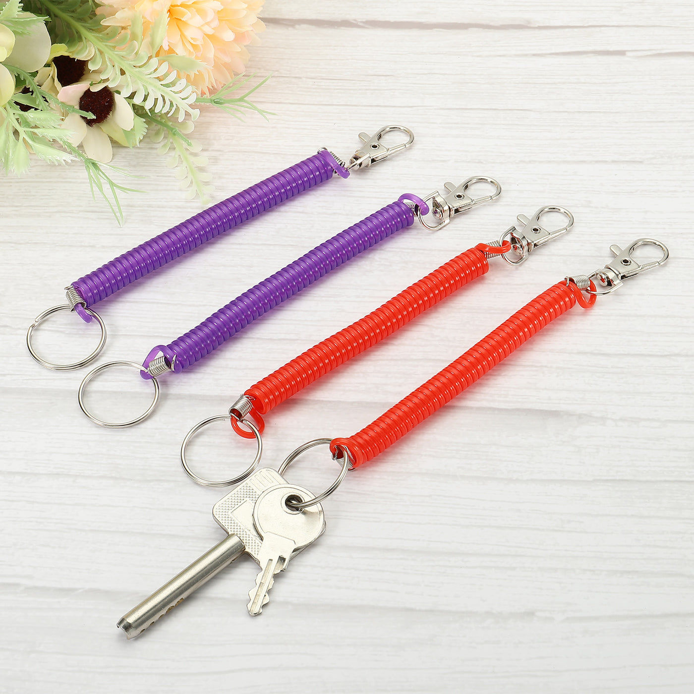 Harfington 6.7" Spiral Retractable Spring Coil Keychain, 2 Pack Stretch Cord Key Ring for Keys Wallet Cellphone, Red Purple
