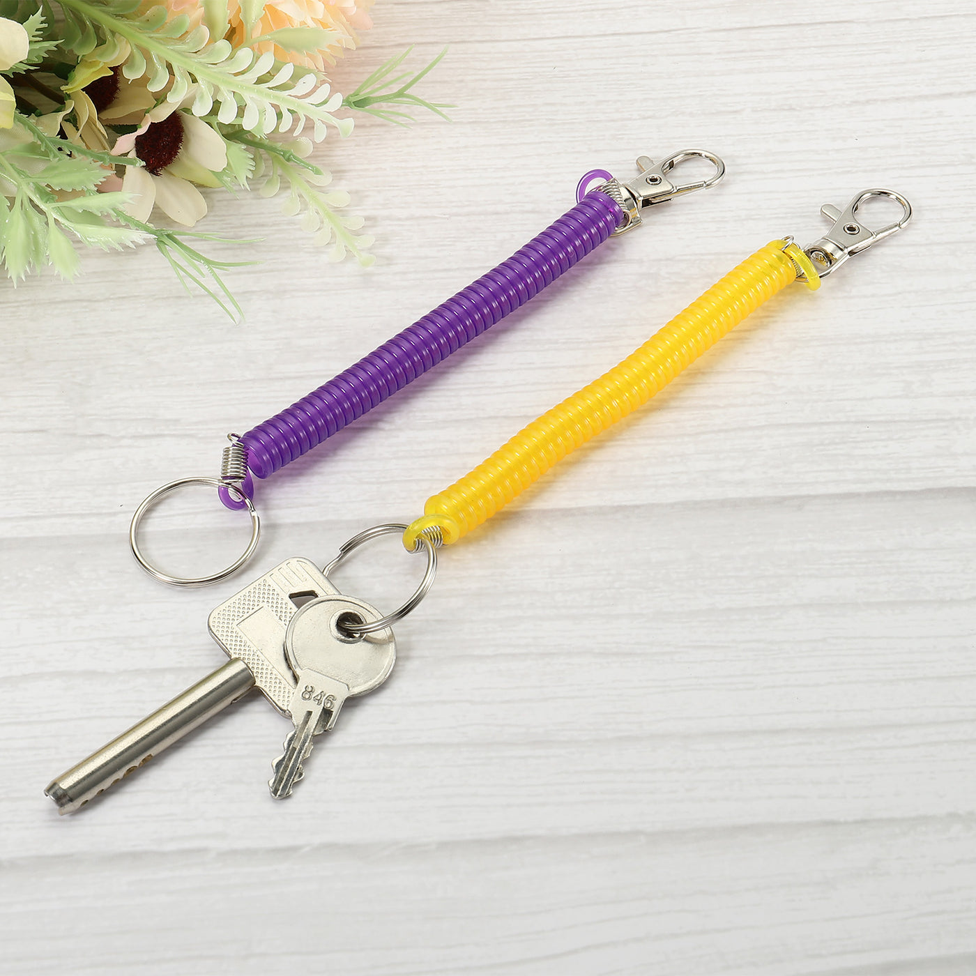 Harfington 6.7" Spiral Retractable Spring Coil Keychain, 2 Pack Stretch Cord Key Ring for Keys Wallet Cellphone, Yellow Purple