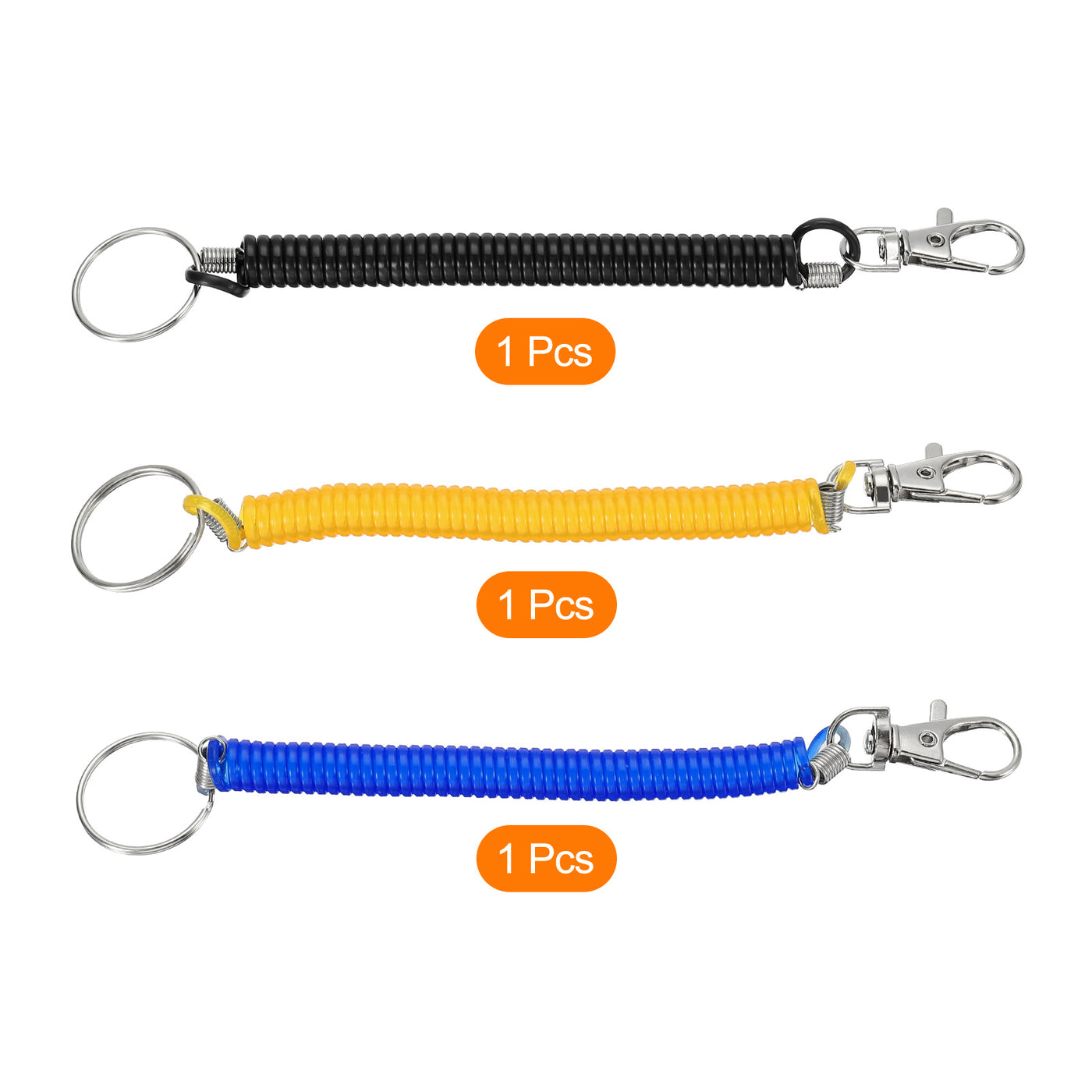 Harfington 6.7" Spiral Retractable Spring Coil Keychain, 3 Pack Stretch Cord Key Ring for Keys Wallet Cellphone, Black Yellow Blue