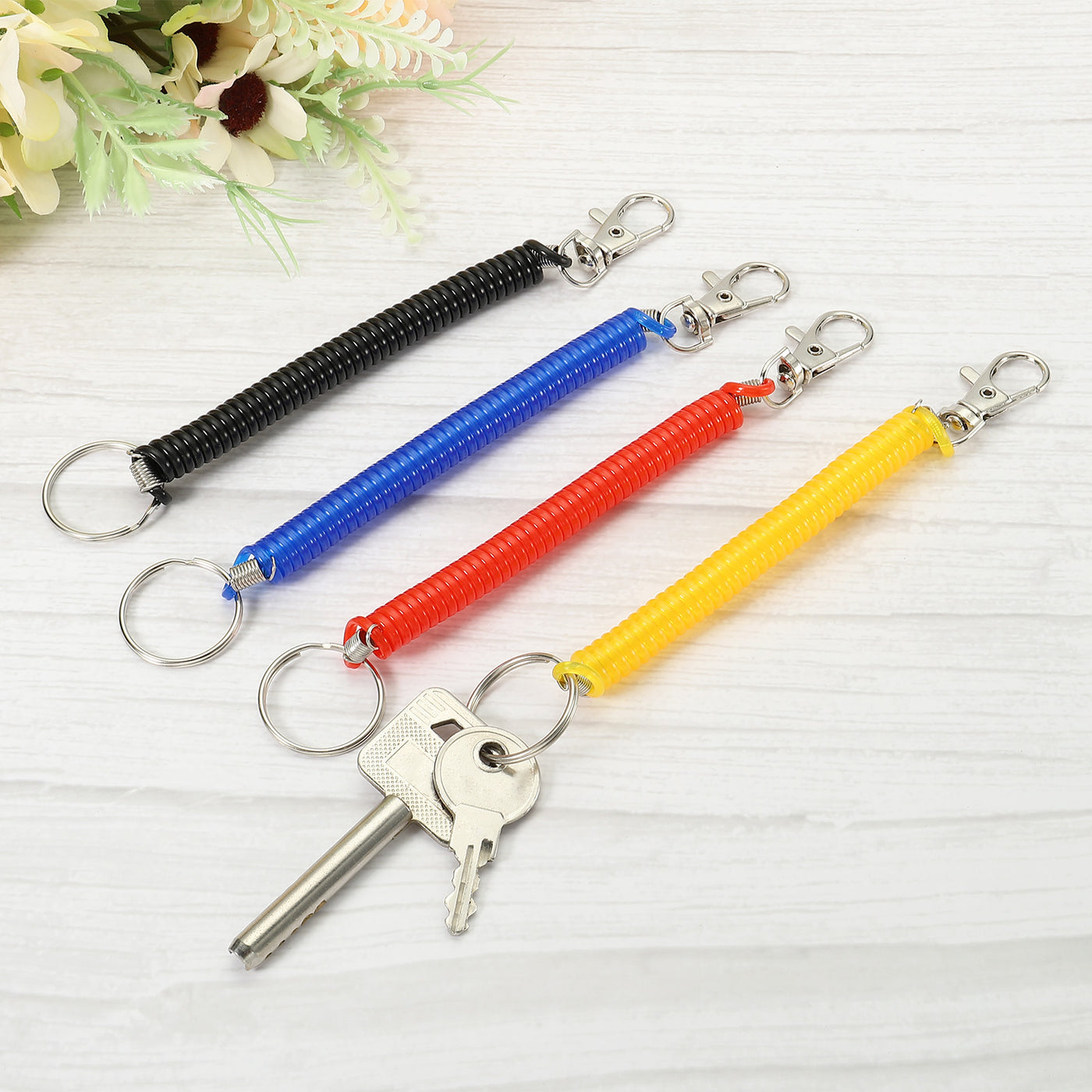 Harfington 6.7" Spiral Retractable Spring Coil Keychain, 4 Pack Stretch Cord Key Ring for Keys Wallet Cellphone, Red Yellow Blue Black