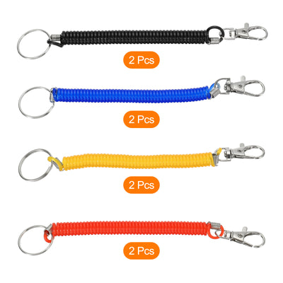 Harfington 6.7" Spiral Retractable Spring Coil Keychain, 8 Pack Stretch Cord Key Ring for Keys Wallet Cellphone, Red Yellow Blue Black