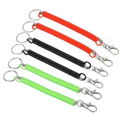 Harfington 6.7" Spiral Retractable Spring Coil Keychain, 6 Pack Stretch Cord Key Ring for Keys Wallet Cellphone, Red Black Green