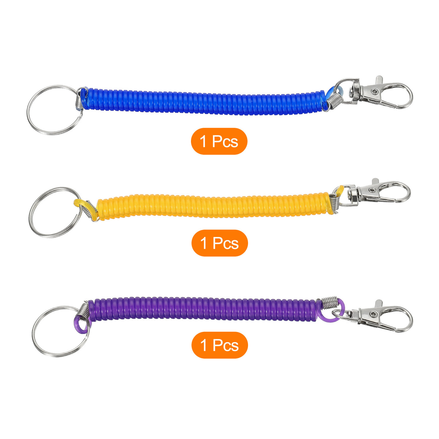 Harfington 6.7" Spiral Retractable Spring Coil Keychain, 3 Pack Stretch Cord Key Ring for Keys Wallet Cellphone, Purple Yellow Blue