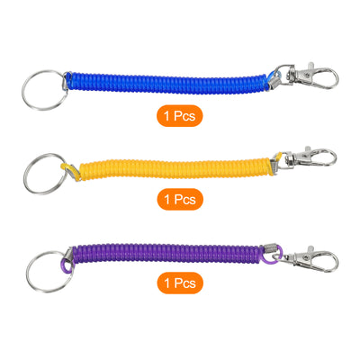 Harfington 6.7" Spiral Retractable Spring Coil Keychain, 3 Pack Stretch Cord Key Ring for Keys Wallet Cellphone, Purple Yellow Blue