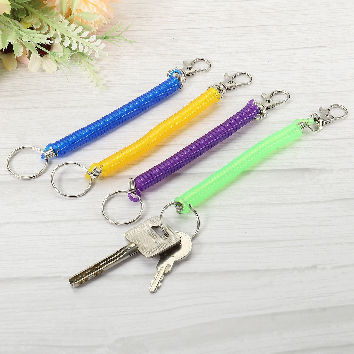Harfington 6.7" Spiral Retractable Spring Coil Keychain, 4 Pack Stretch Cord Key Ring for Keys Wallet Cellphone, Green Yellow Blue Purple