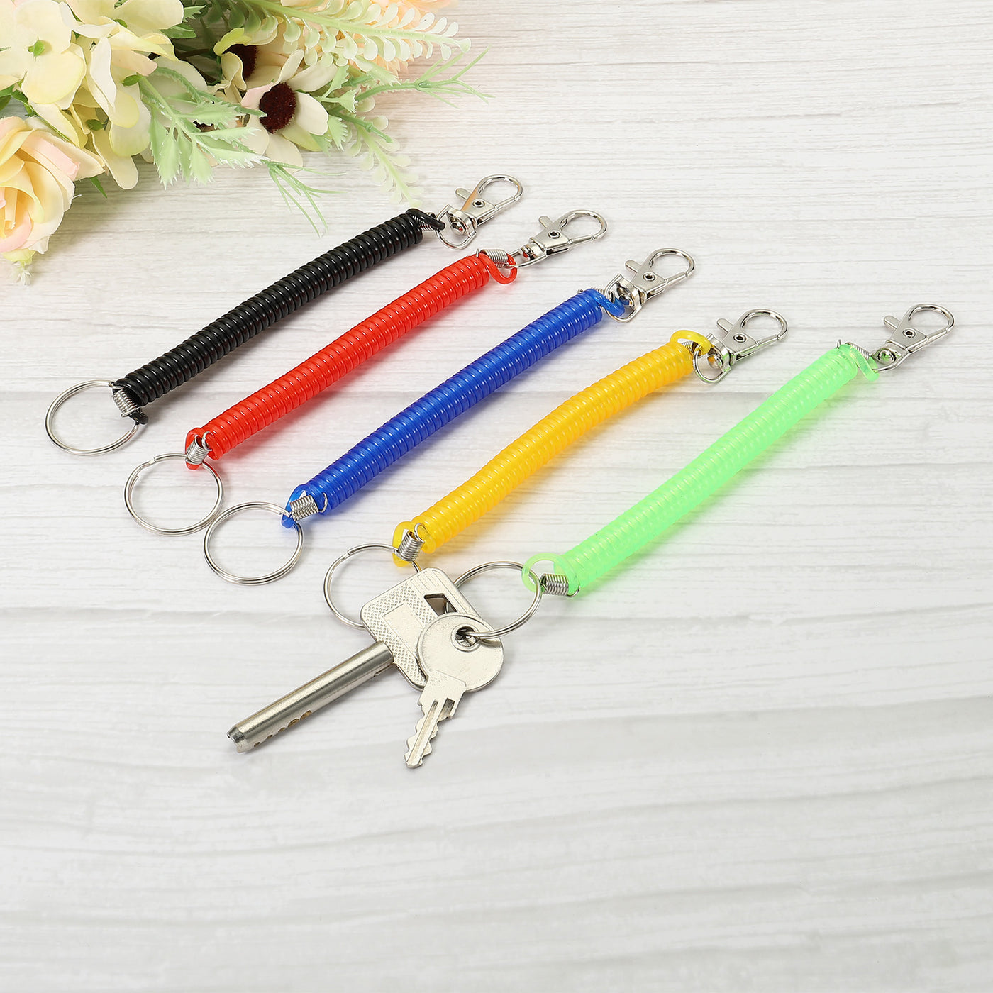 Harfington 6.7" Spiral Retractable Spring Coil Keychain, 5 Pack Stretch Cord Key Ring for Keys Wallet Cellphone, Red Yellow Blue Black Green