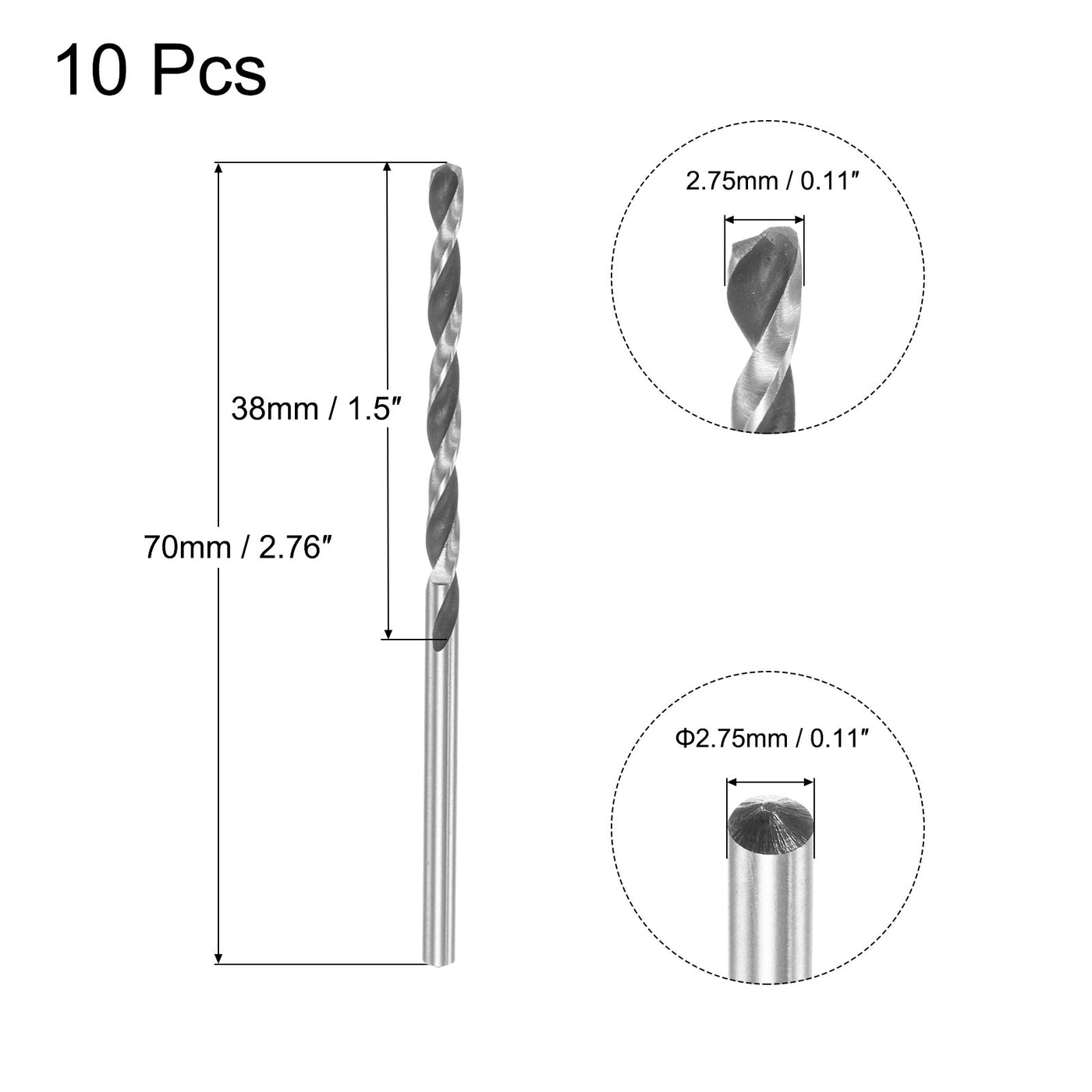 uxcell Uxcell 10 Pcs 2.75mm High Speed Steel Drill Bits, Fully Ground 70mm Length Drill Bit