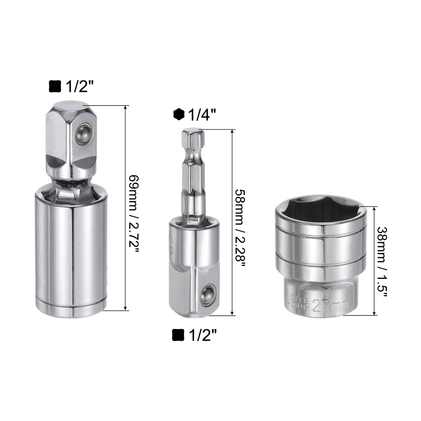 uxcell Uxcell 1/2" Drive 27mm Shallow Socket Swivel Joints Hex Shank Impact Driver Adaptor Set