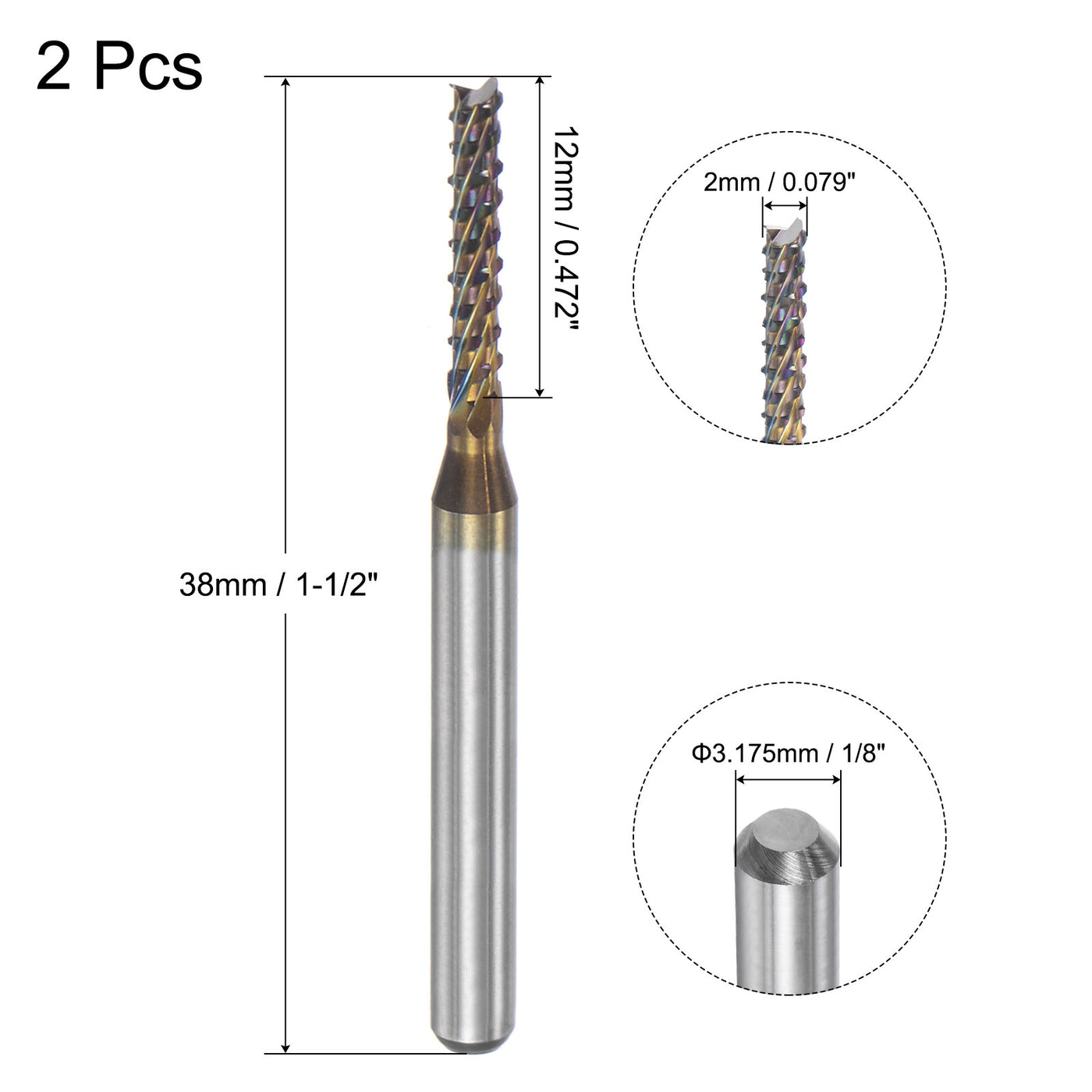 uxcell Uxcell 1/8" Shank 2mm x 12mm Diamond Film Coated Carbide End Mill Router Bits 2pcs