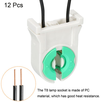Harfington T8 Lamp Holder Socket Non-Shunted Light Holder with Wire White and Green for LED Fluorescent Tube, Pack of 12