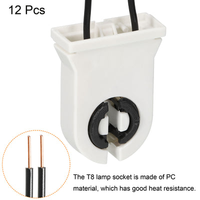 Harfington T8 Lamp Holder Socket Non-Shunted Light Holder with Wire White and Black for LED Fluorescent Tube, Pack of 12