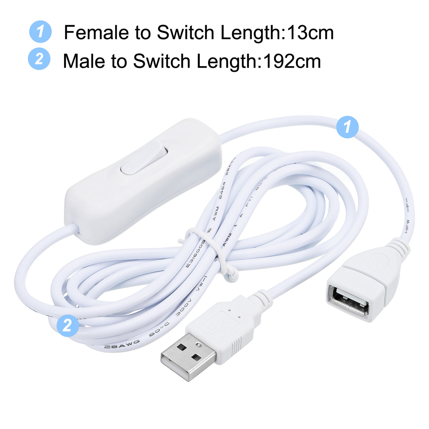 Harfington USB Extension Cable with Switch 2 Meter USB Male to Female Cord White 3Pcs
