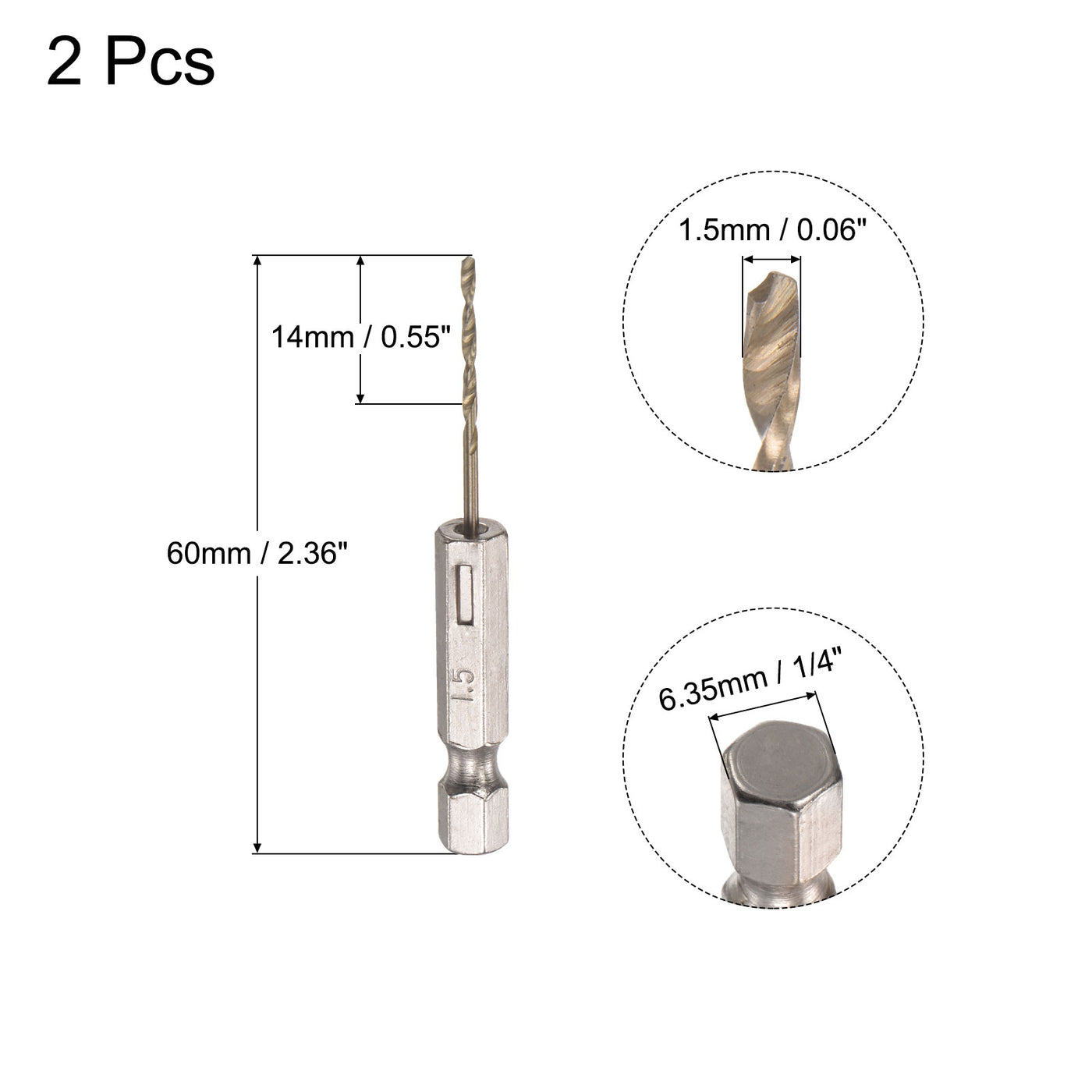 uxcell Uxcell 2Pcs 1.5mm High Speed Steel Twist Drill Bit with Hex Shank 60mm Length