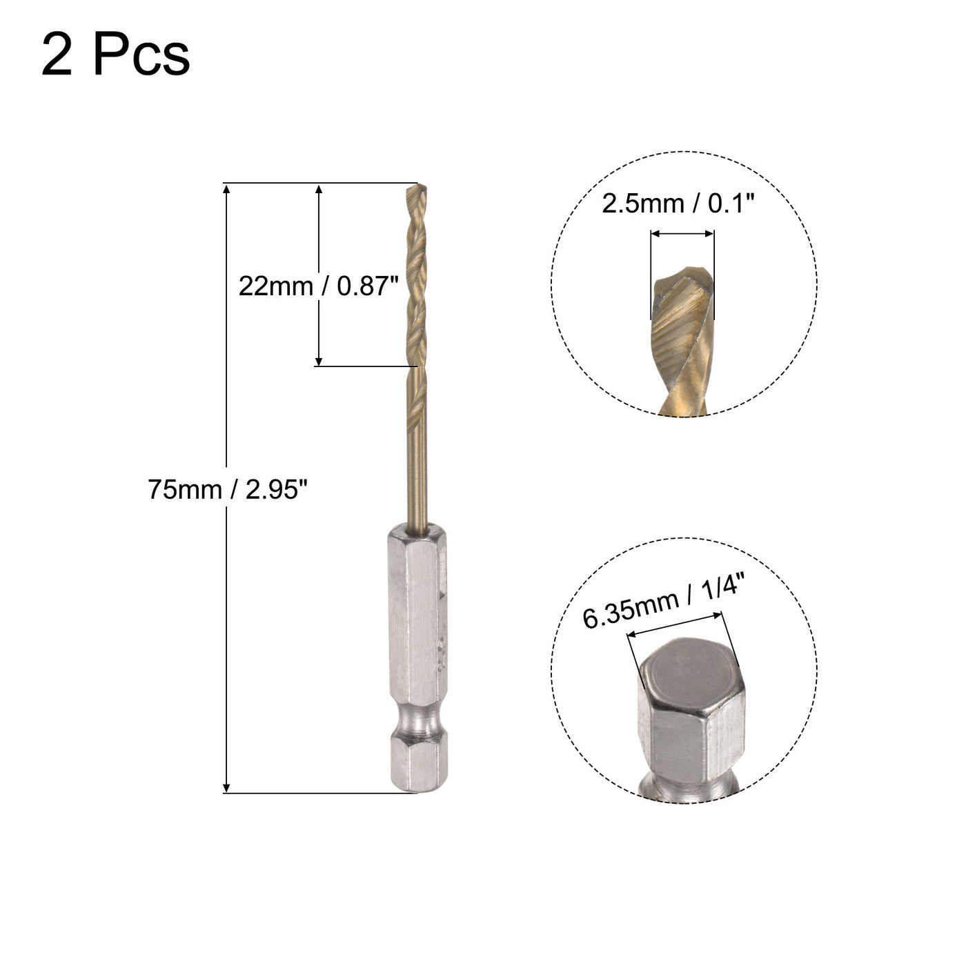 uxcell Uxcell 2Pcs 2.5mm High Speed Steel Twist Drill Bit with Hex Shank 75mm Length