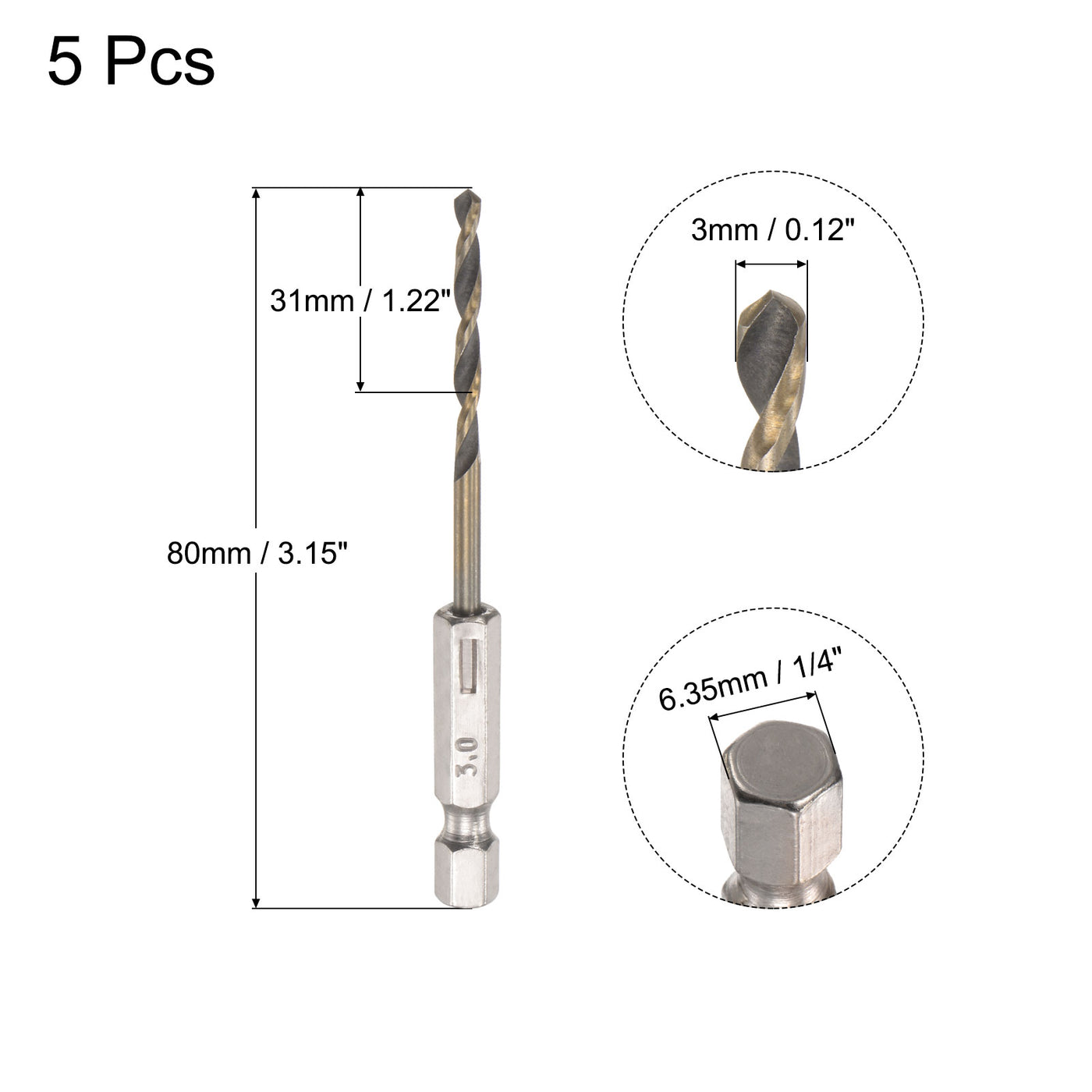 uxcell Uxcell 5Pcs 3mm High Speed Steel Twist Drill Bit with Hex Shank 80mm Length