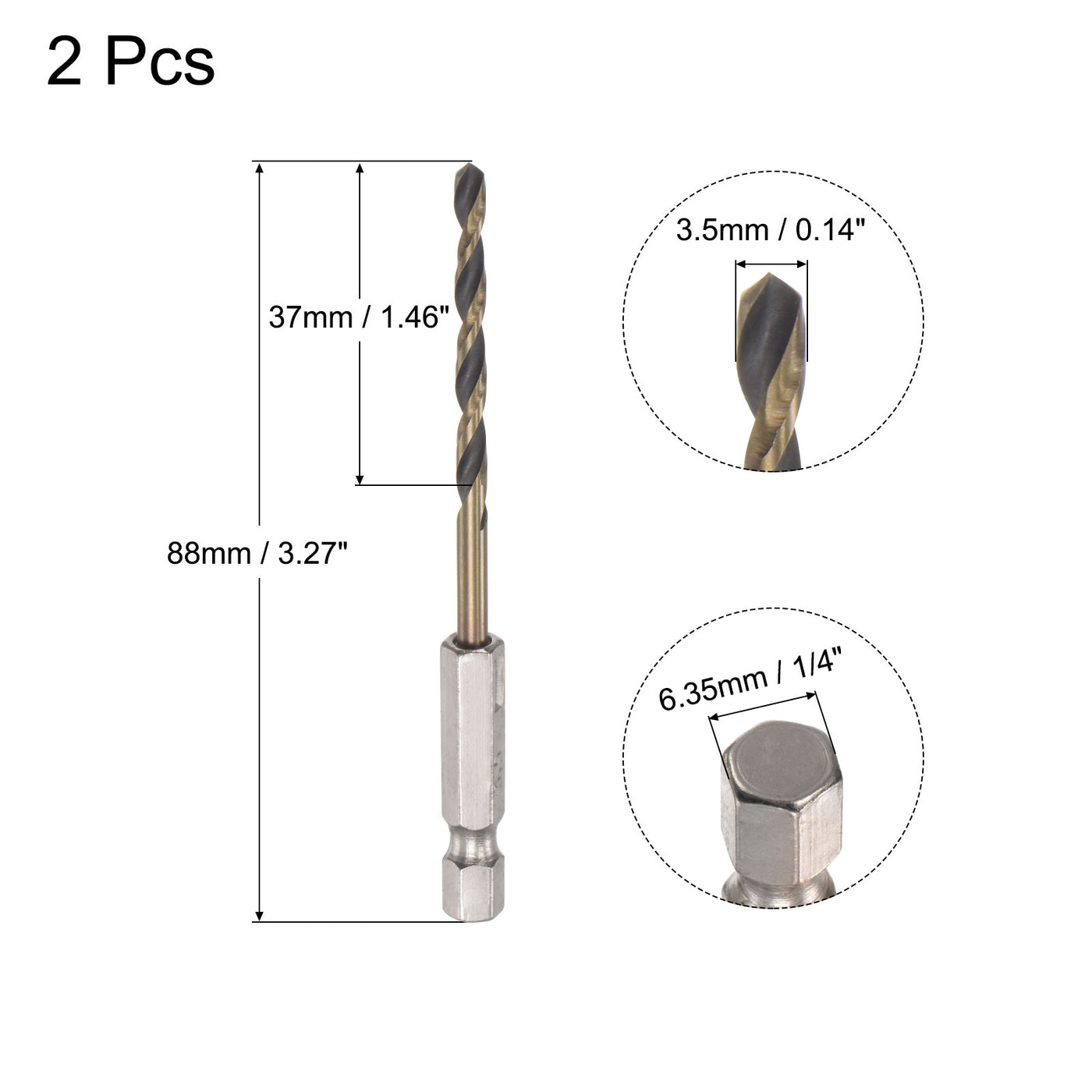 uxcell Uxcell 2Pcs 3.5mm High Speed Steel Twist Drill Bit with Hex Shank 88mm Length