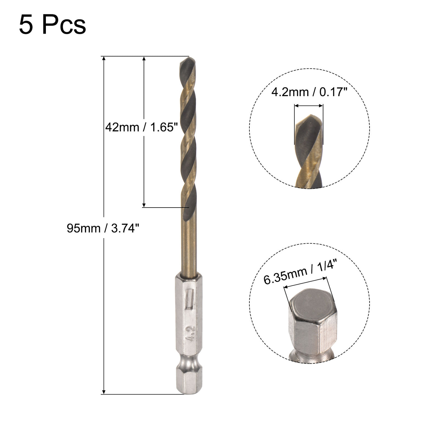 uxcell Uxcell 5Pcs 4.2mm High Speed Steel Twist Drill Bit with Hex Shank 95mm Length