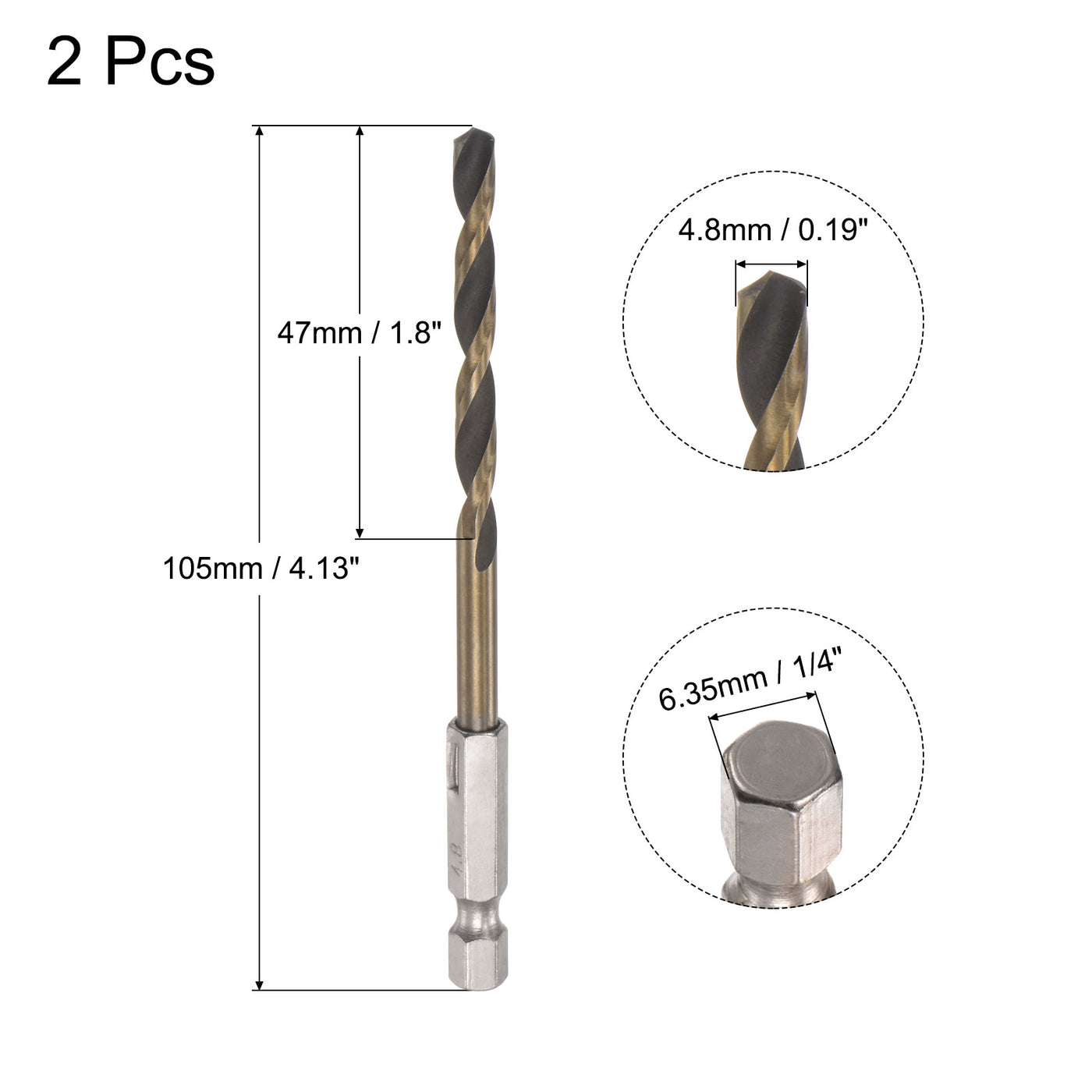 uxcell Uxcell 2Pcs 4.8mm High Speed Steel Twist Drill Bit with Hex Shank 105mm Length