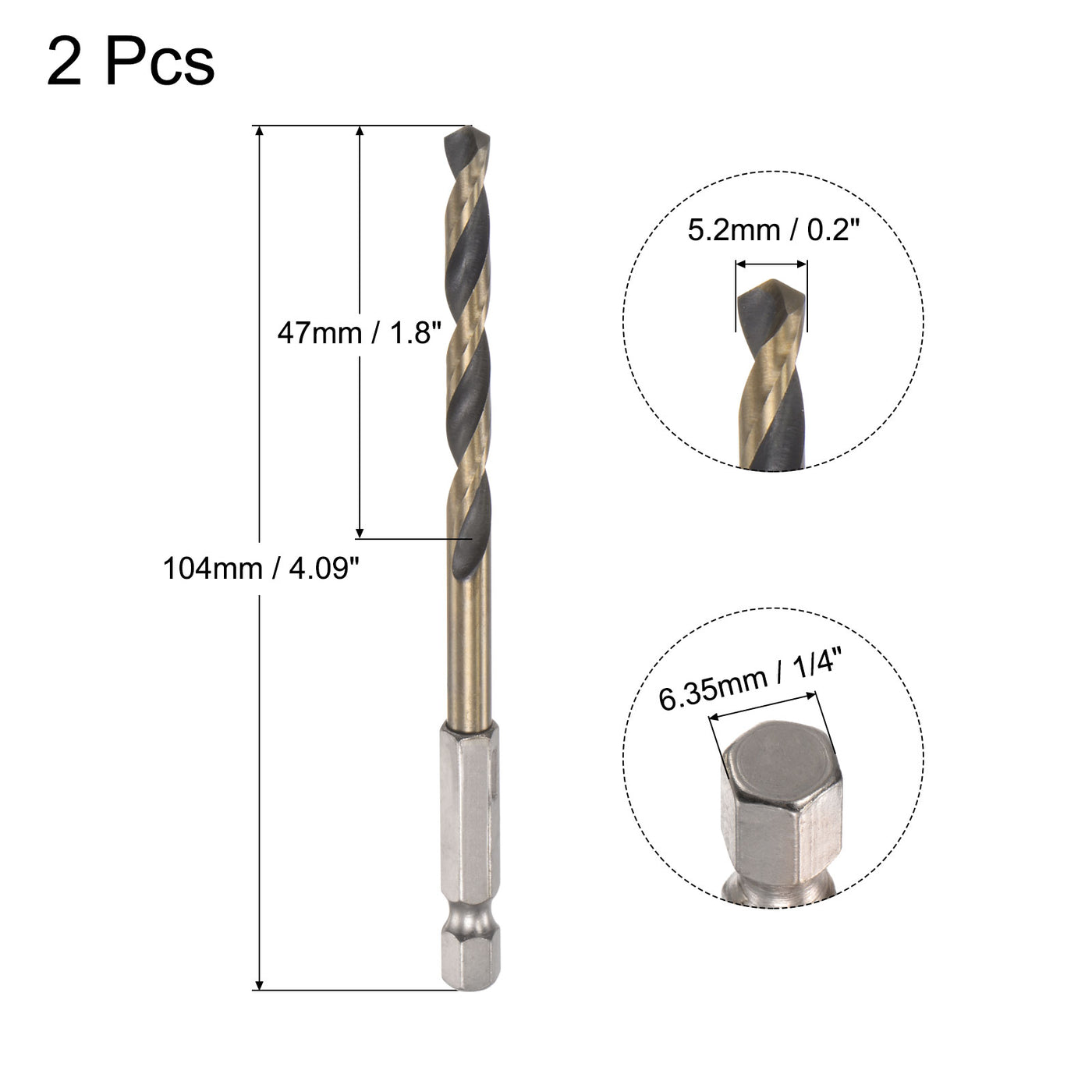 uxcell Uxcell 2Pcs 5.2mm High Speed Steel Twist Drill Bit with Hex Shank 104mm Length