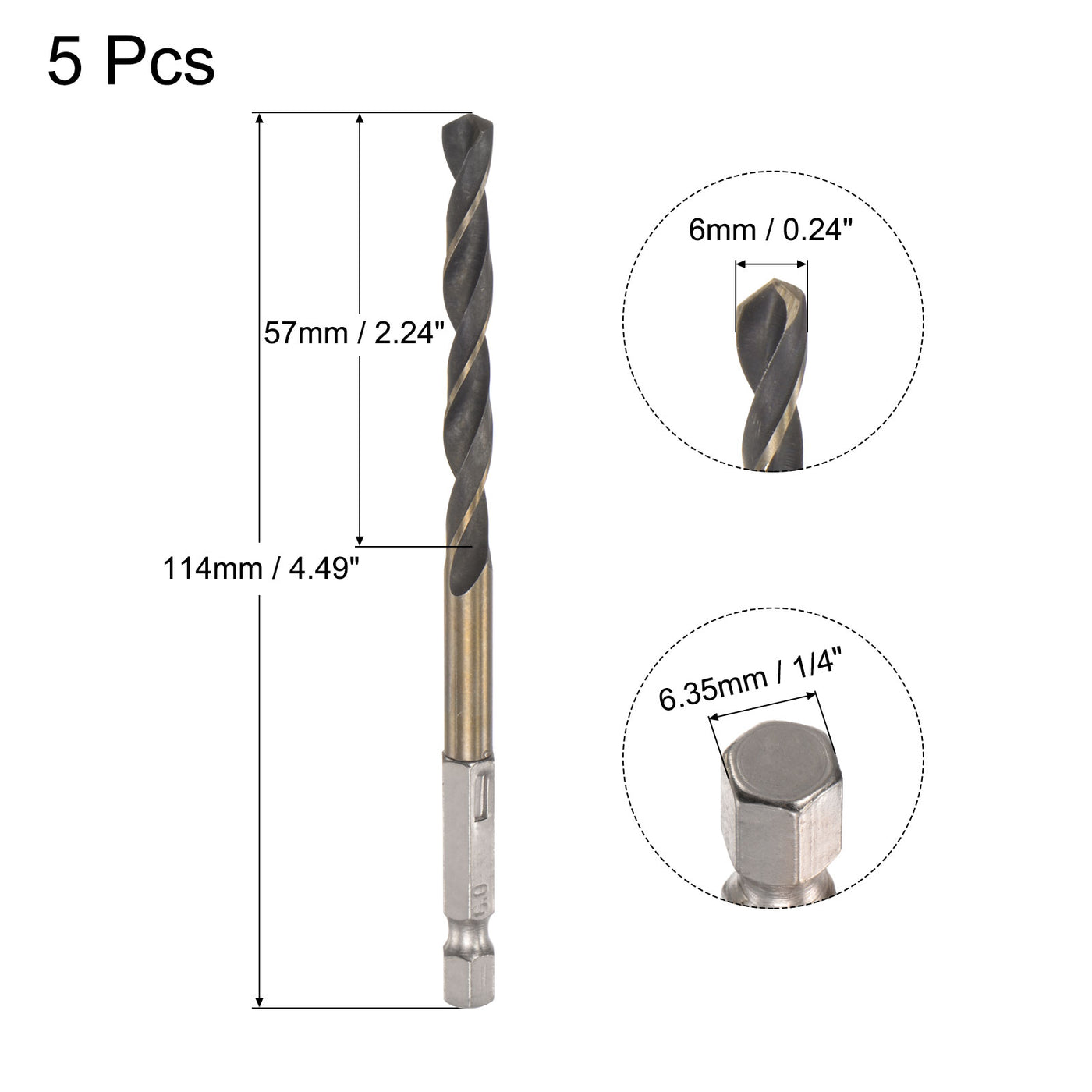 uxcell Uxcell 5Pcs 6mm High Speed Steel Twist Drill Bit with Hex Shank 114mm Length