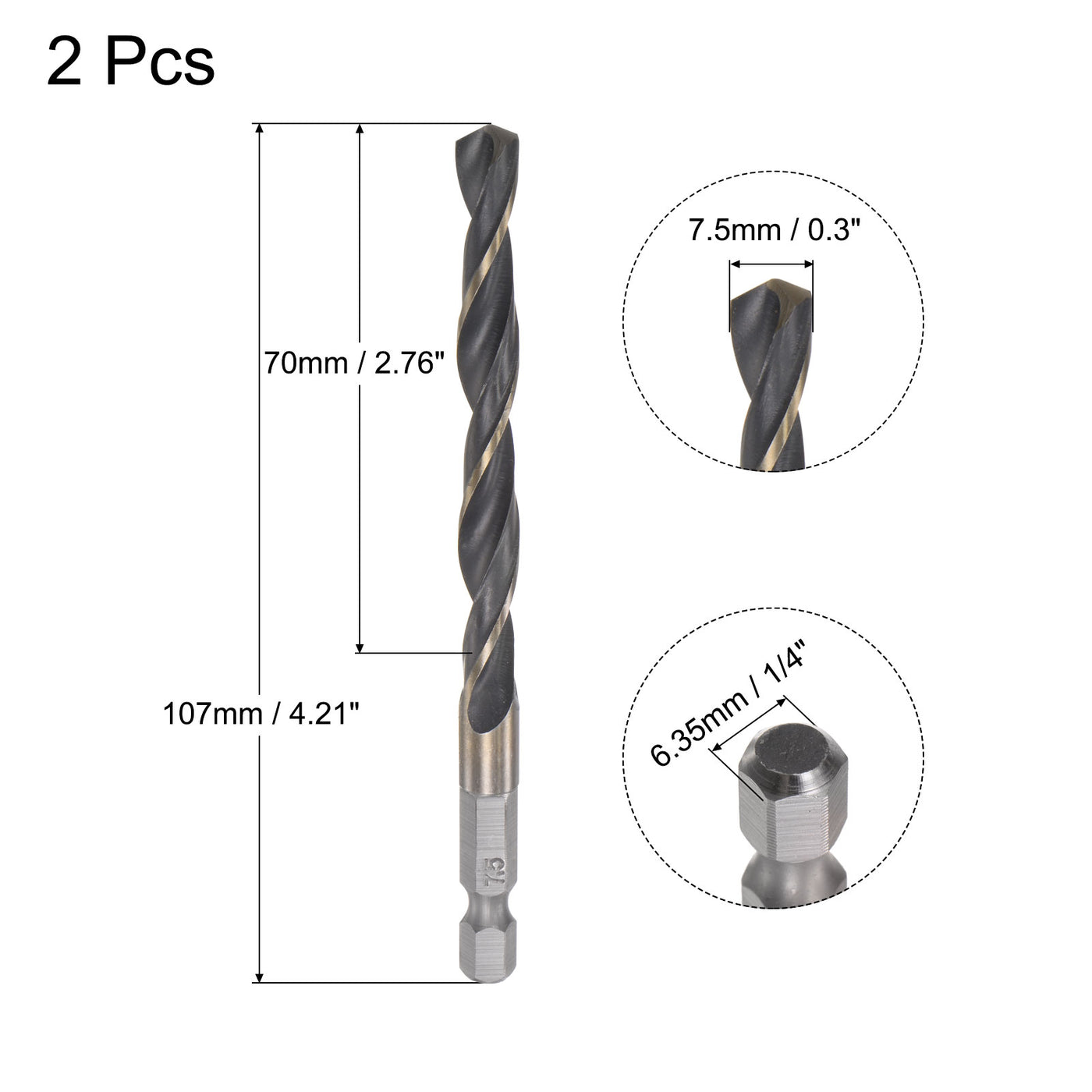 uxcell Uxcell 2Pcs 7.5mm High Speed Steel Twist Drill Bit with Hex Shank 107mm Length