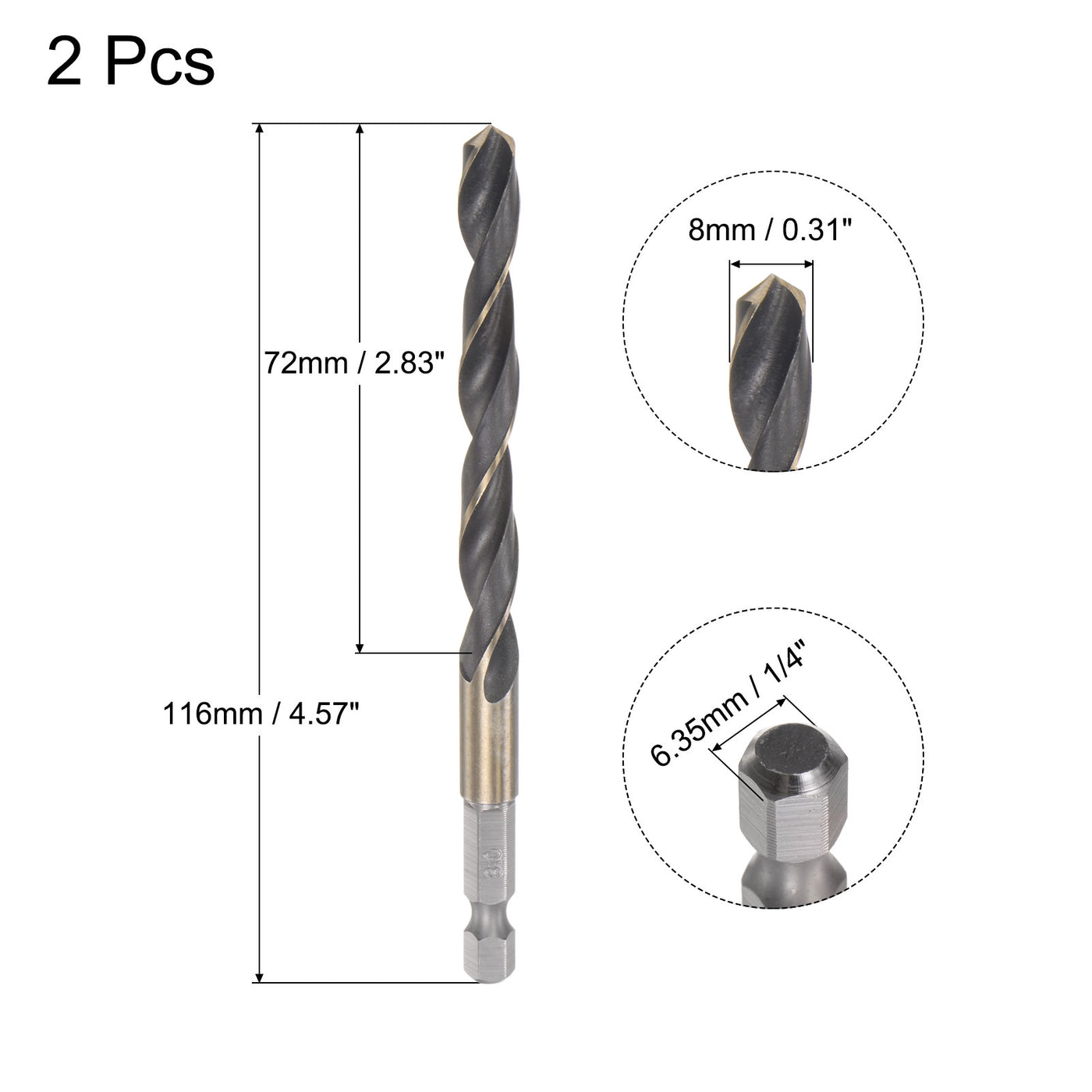 uxcell Uxcell 2Pcs 8mm High Speed Steel Twist Drill Bit with Hex Shank 116mm Length