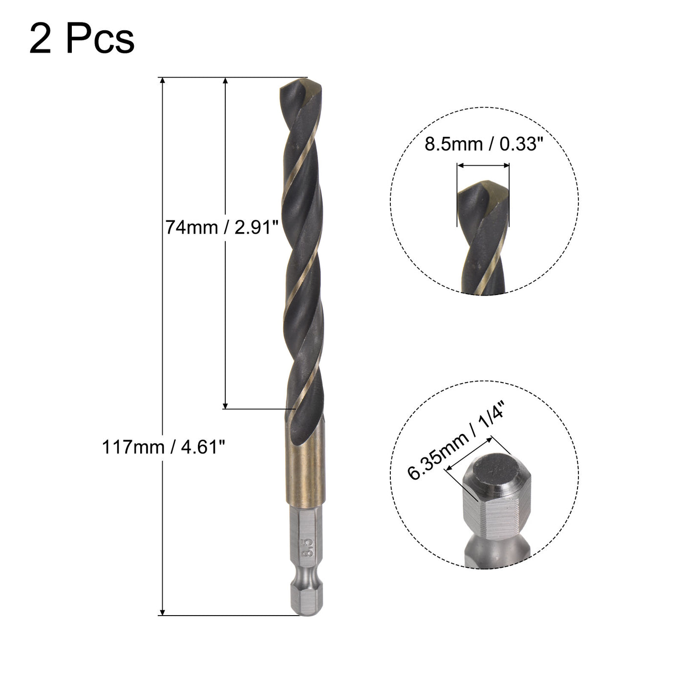 uxcell Uxcell 2Pcs 8.5mm High Speed Steel Twist Drill Bit with Hex Shank 117mm Length