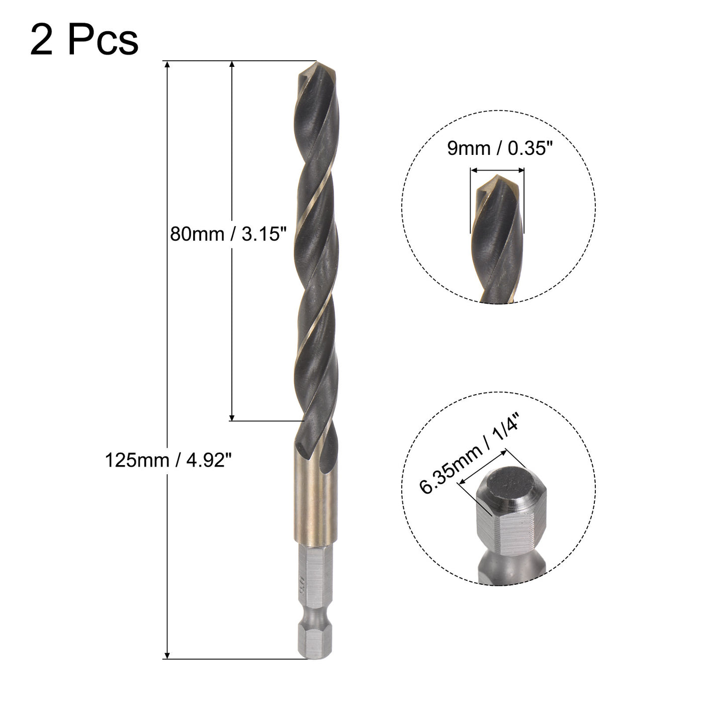 uxcell Uxcell 2Pcs 9mm High Speed Steel Twist Drill Bit with Hex Shank 125mm Length