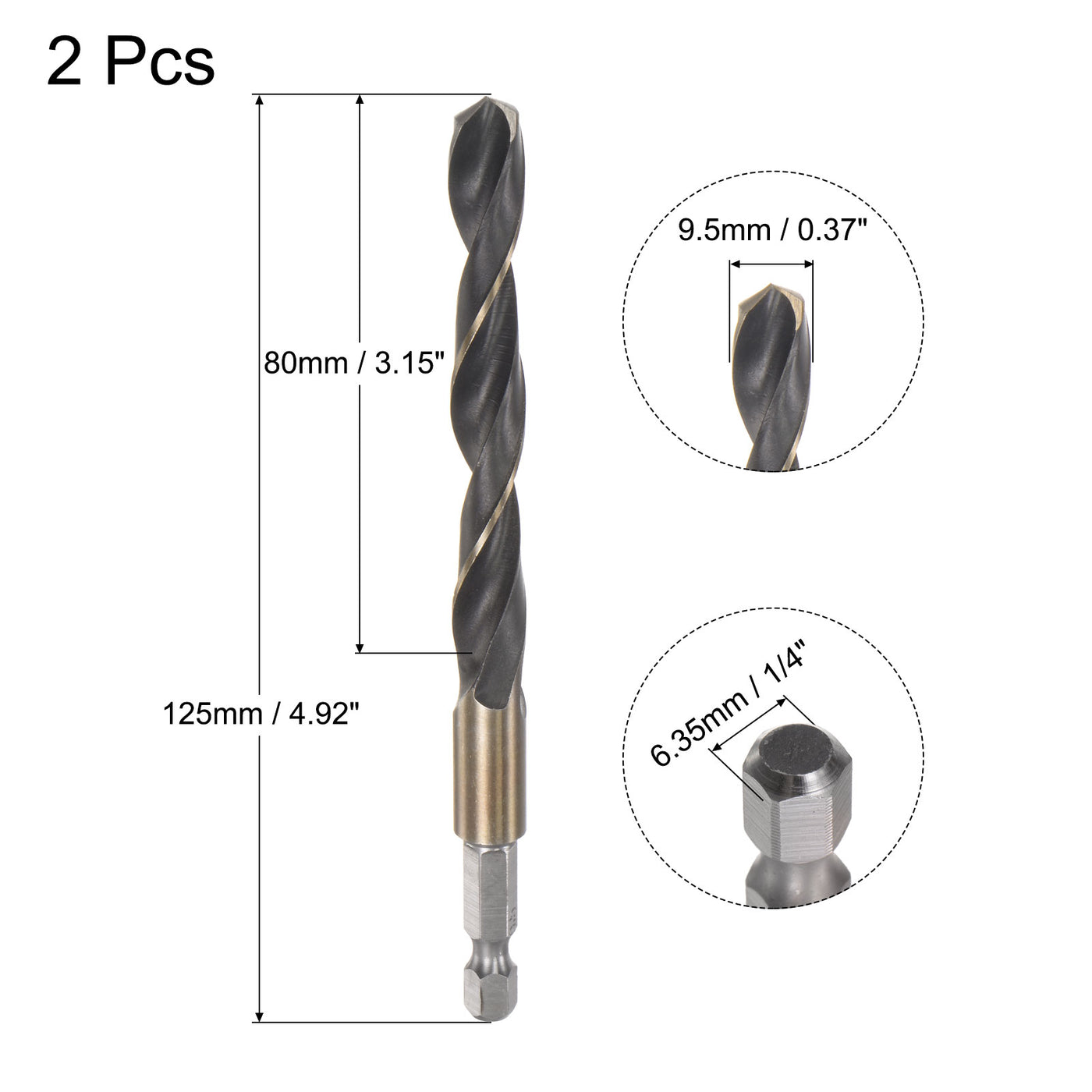 uxcell Uxcell 2Pcs 9.5mm High Speed Steel Twist Drill Bit with Hex Shank 125mm Length