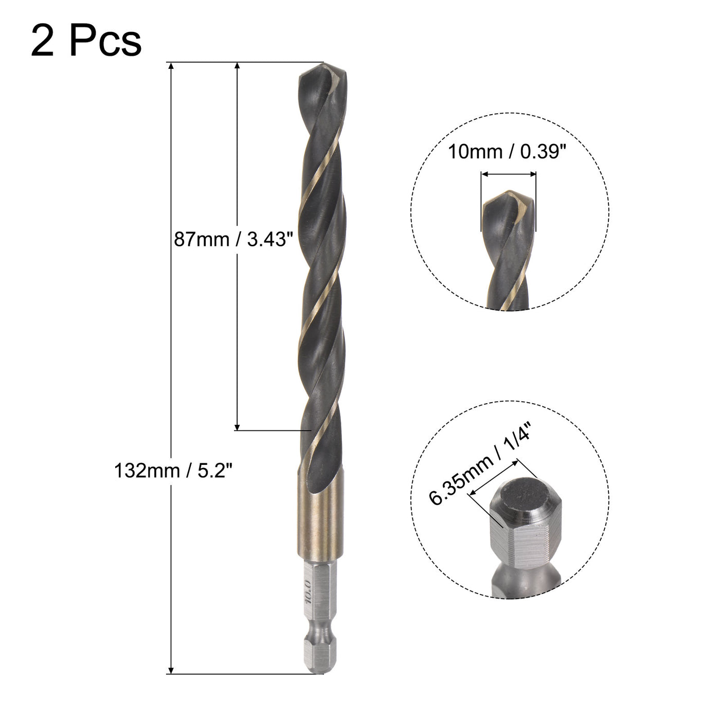 uxcell Uxcell 2Pcs 10mm High Speed Steel Twist Drill Bit with Hex Shank 132mm Length