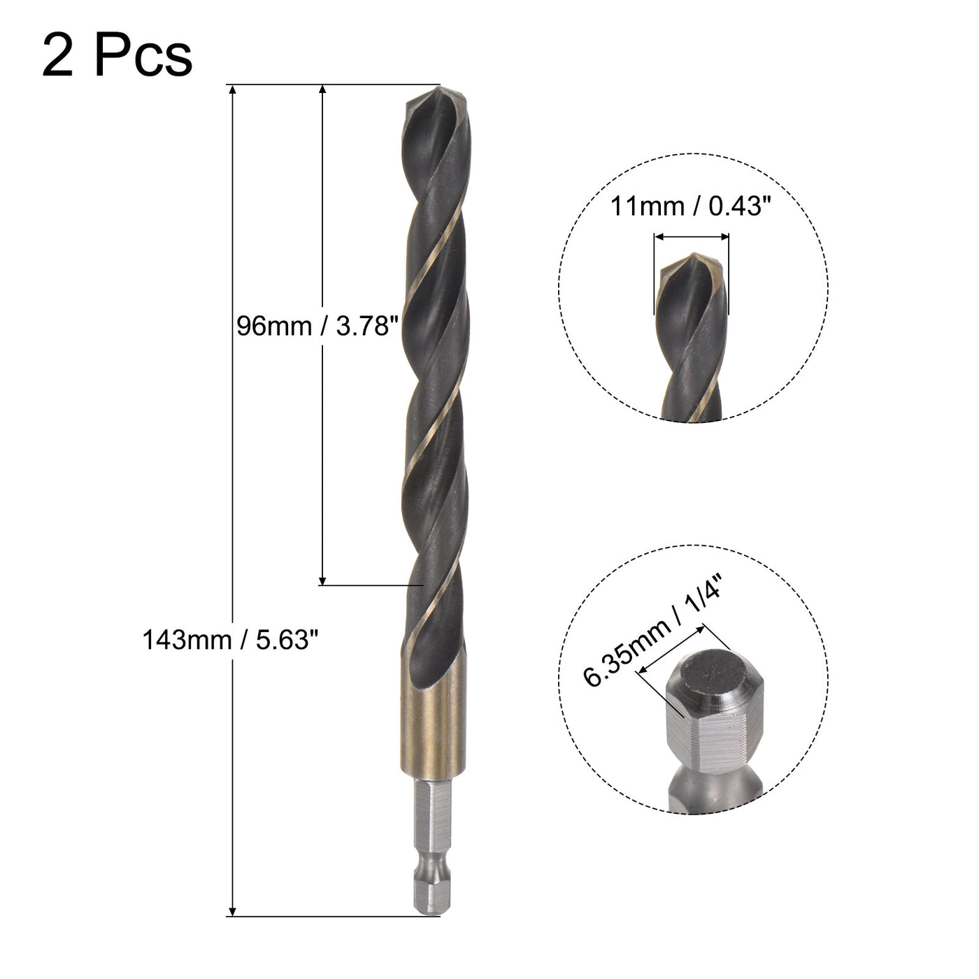 uxcell Uxcell 2Pcs 11mm High Speed Steel Twist Drill Bit with Hex Shank 143mm Length